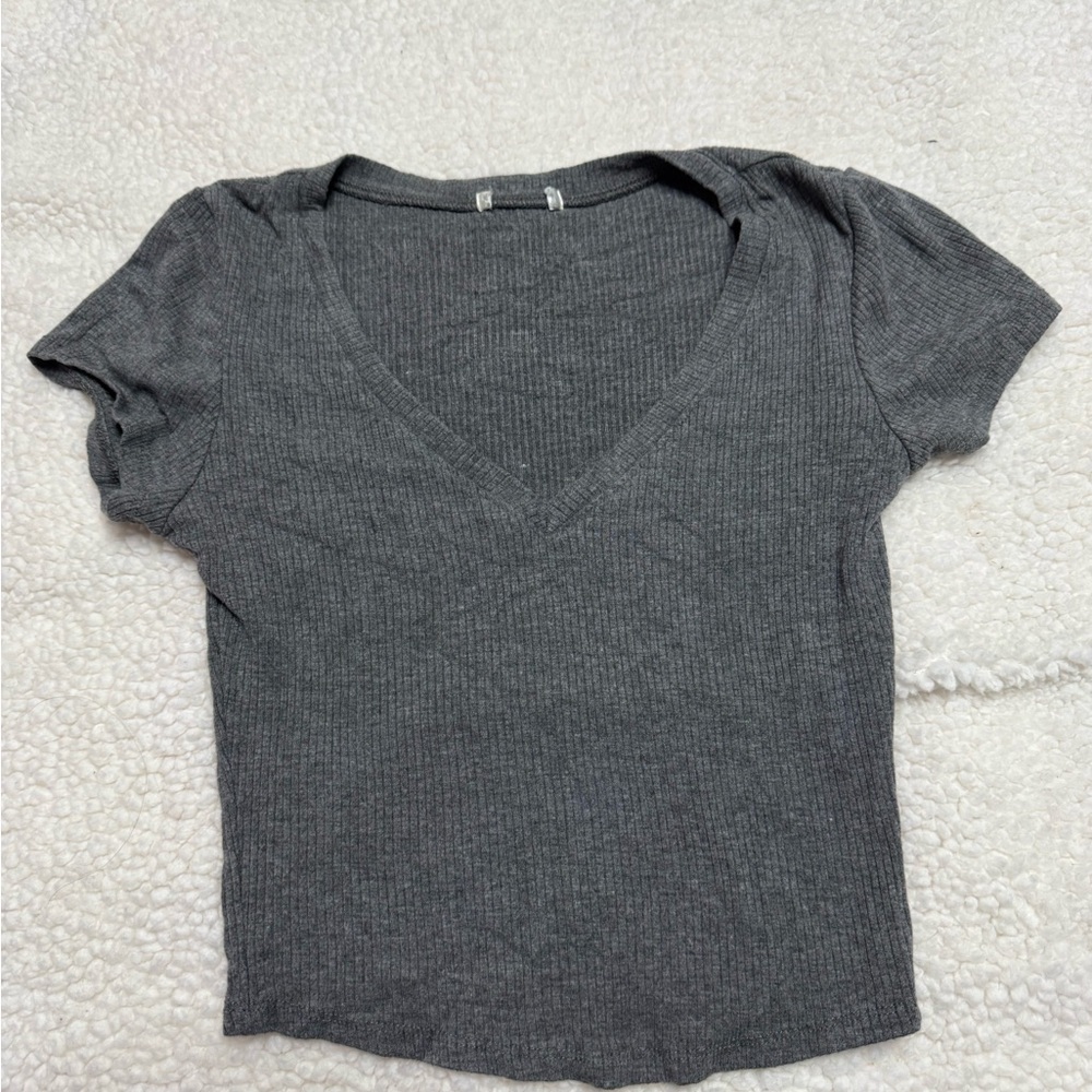 Gray V-Neck Ribbed Women's Top